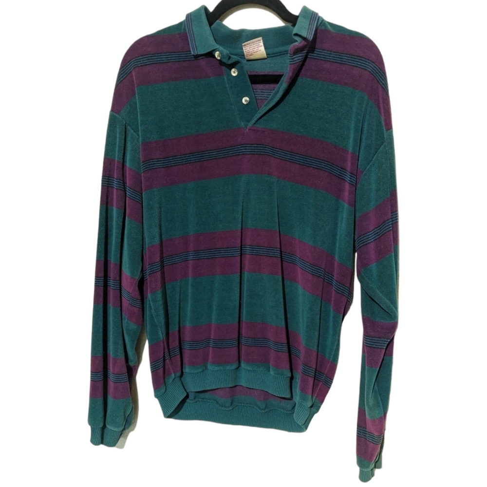Vintage teal, purple, and true blue striped polo